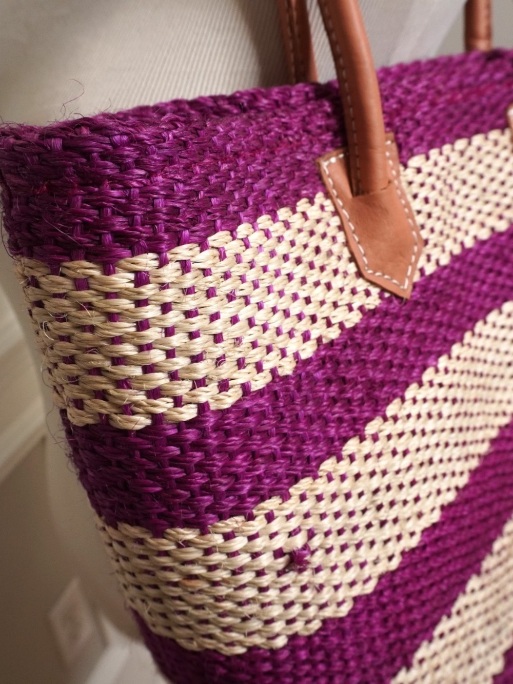 Crown & Ivy striped straw tote featuring pink and beige woven material with brow - Picture 3 of 6